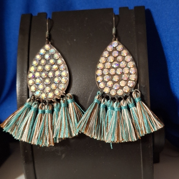 Tassel Teardrop Earrings with Rhinestones - Picture 2 of 3